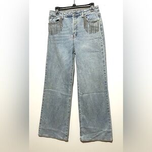 Women's Light Blue Jeans with rhinestone Fringe Detail & wide legs